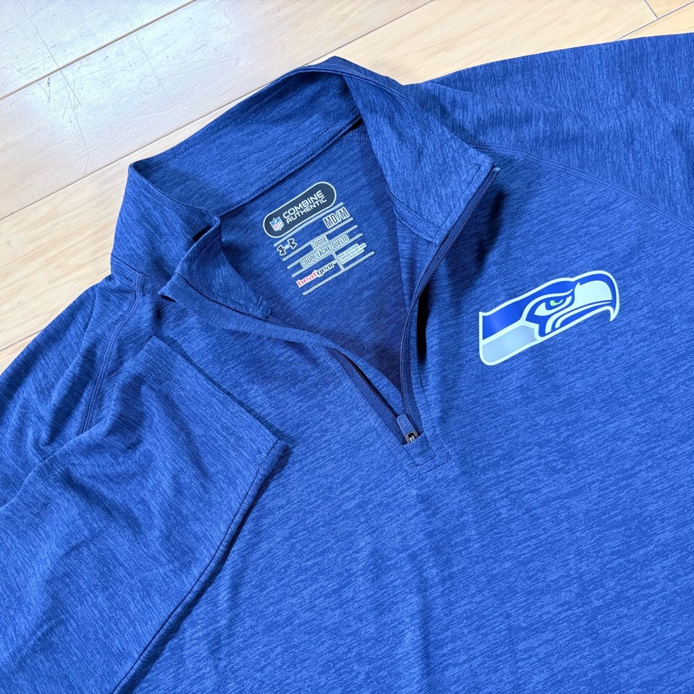 Under Armour NFL Combine Seattle Seahawks 1/4 Zip Mens Sz M Blue Loose Heat Gear - Picture 1 of 6